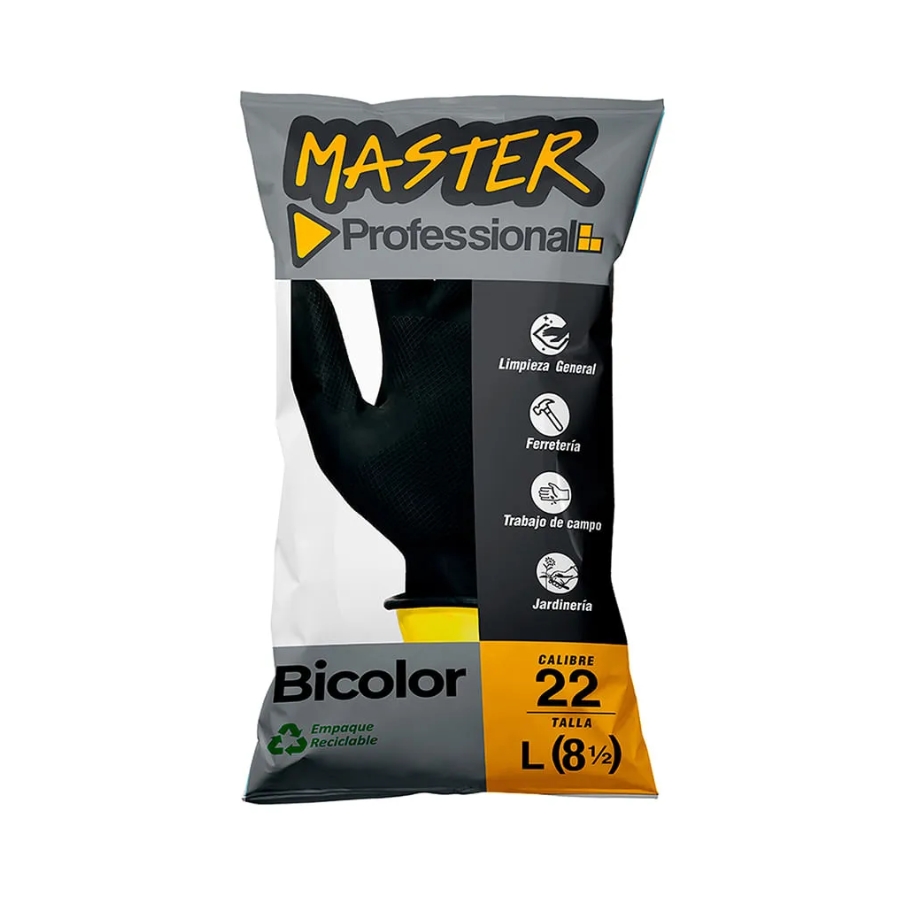 Guantes Domesticos Bicolor Negro Amarillo Calibre 20 Talla 8.5 x1 Par Master