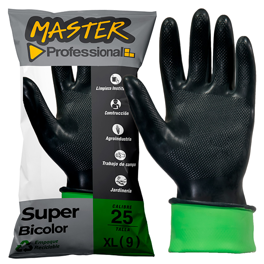 Guantes de Caucho Bicolor Negro Verde Calibre 25 talla 7.5 Par Master