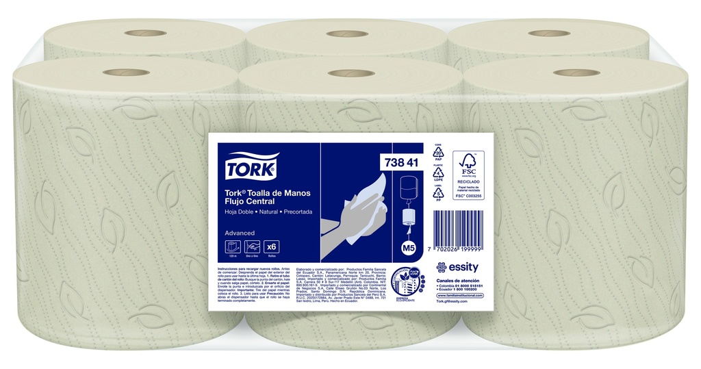 Toalla de Manos Flujo Central NATURAL Hoja Doble Precortada Rollos de 120 m Tork (Bulto x 6 Rollos)