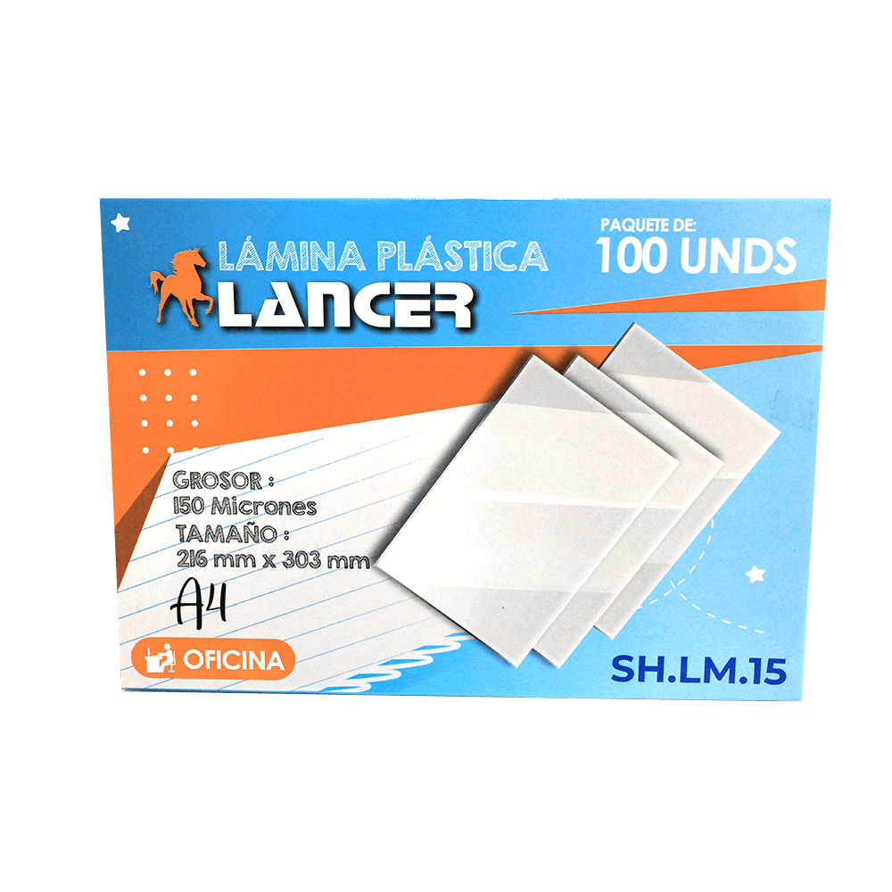 Lámina Plástica A4 216mmx303mm 150 micrones paquete x 100 unidades Lancer 
