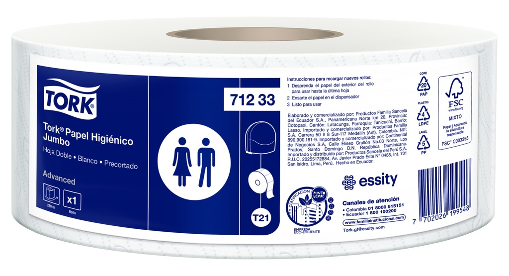 Papel Higienico Blanco Hoja Doble Precortado Rollo de 250 m Empaque individual Tork
