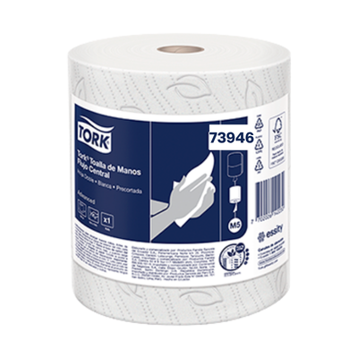 Toalla de Manos Flujo Central Blanca Hoja Doble Precortada Pack x 6 Rollos de 120 m Tork